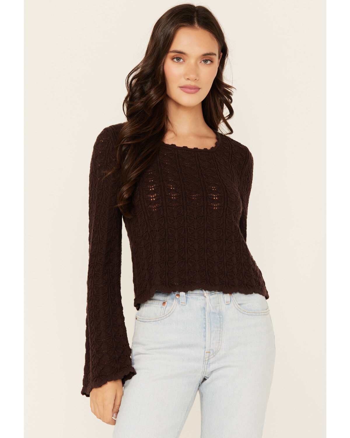 Image #1 - Shyanne Women's Bell Sleeve Pointelle Sweater, Chocolate, hi-res
