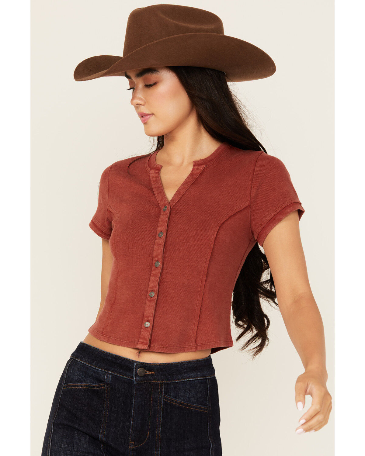 Image #1 - Idyllwind Women's Solid Short Sleeve Button-Down Cropped Tee, Red, hi-res