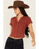 Image #1 - Idyllwind Women's Solid Short Sleeve Button-Down Cropped Tee, Red, hi-res