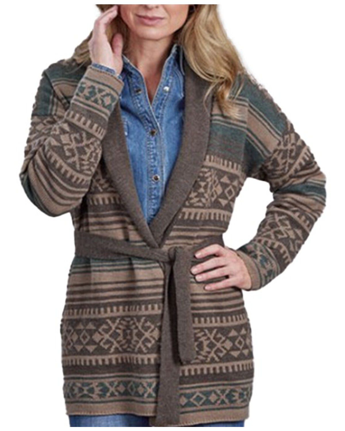 Image #1 - Stetson Women's Southwestern Print Cardigan, Brown, hi-res