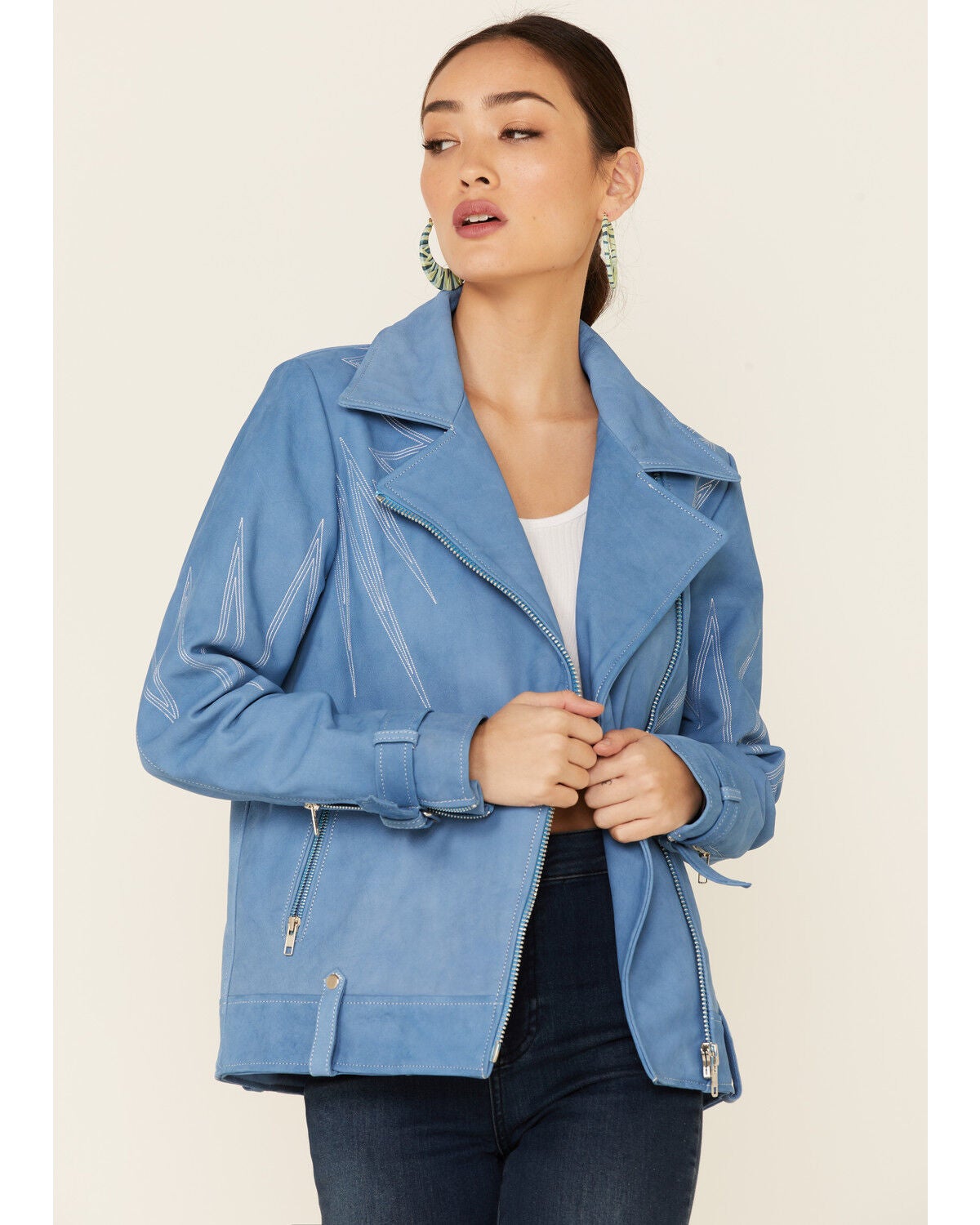 turquoise moto jacket