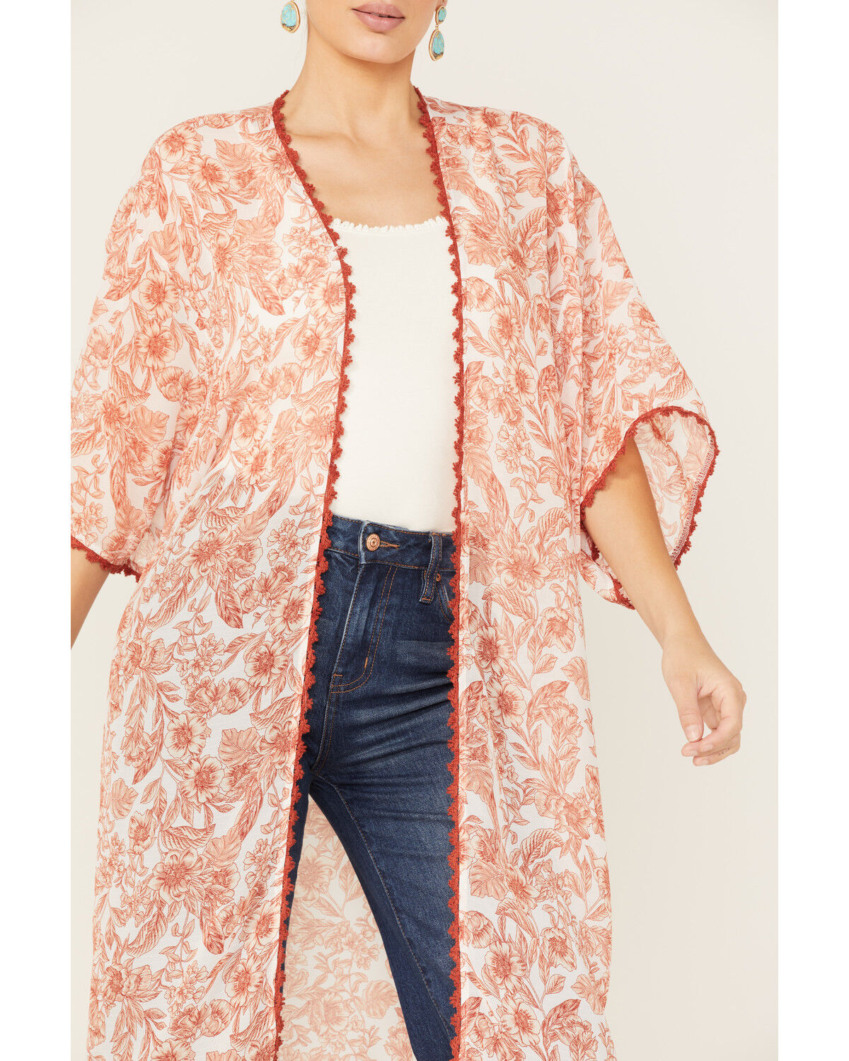 Image #3 - Wild Moss Women's Floral Print Sheer Kimono, Ivory, hi-res