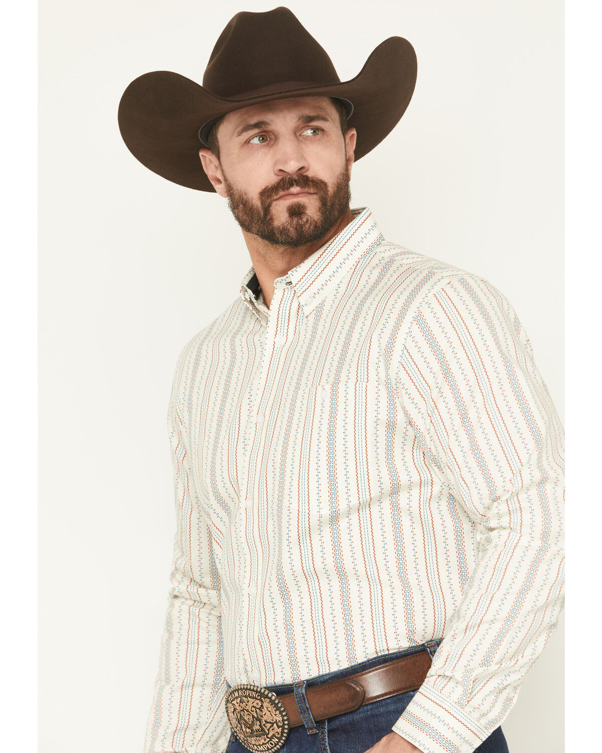 Image #2 - RANK 45® Men's Rocky Peak Striped Long Sleeve Button-Down Stretch Western Shirt, Cream, hi-res