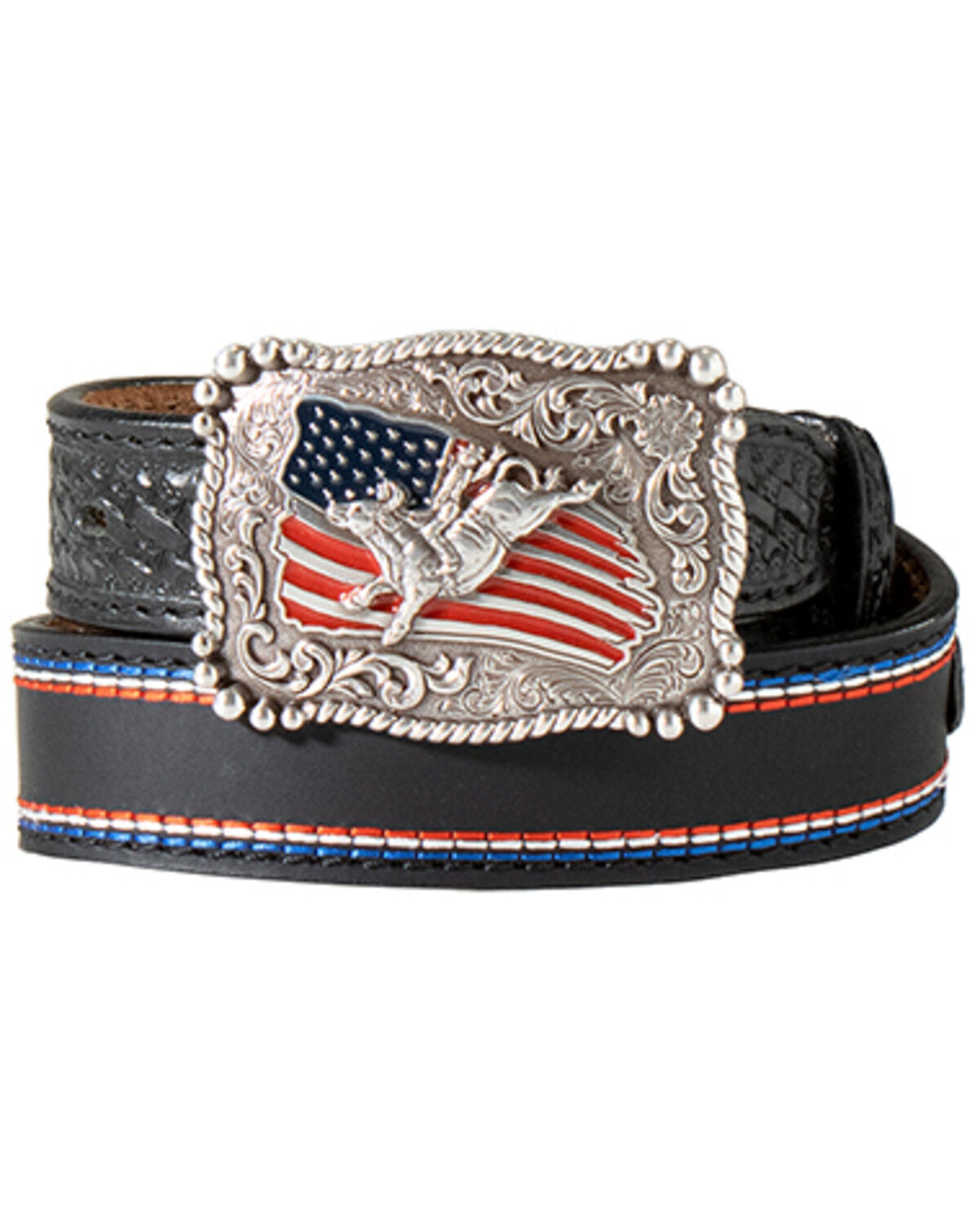 Image #1 - M & F Western Boys' American Flag Tooled Leather Belt, Black, hi-res