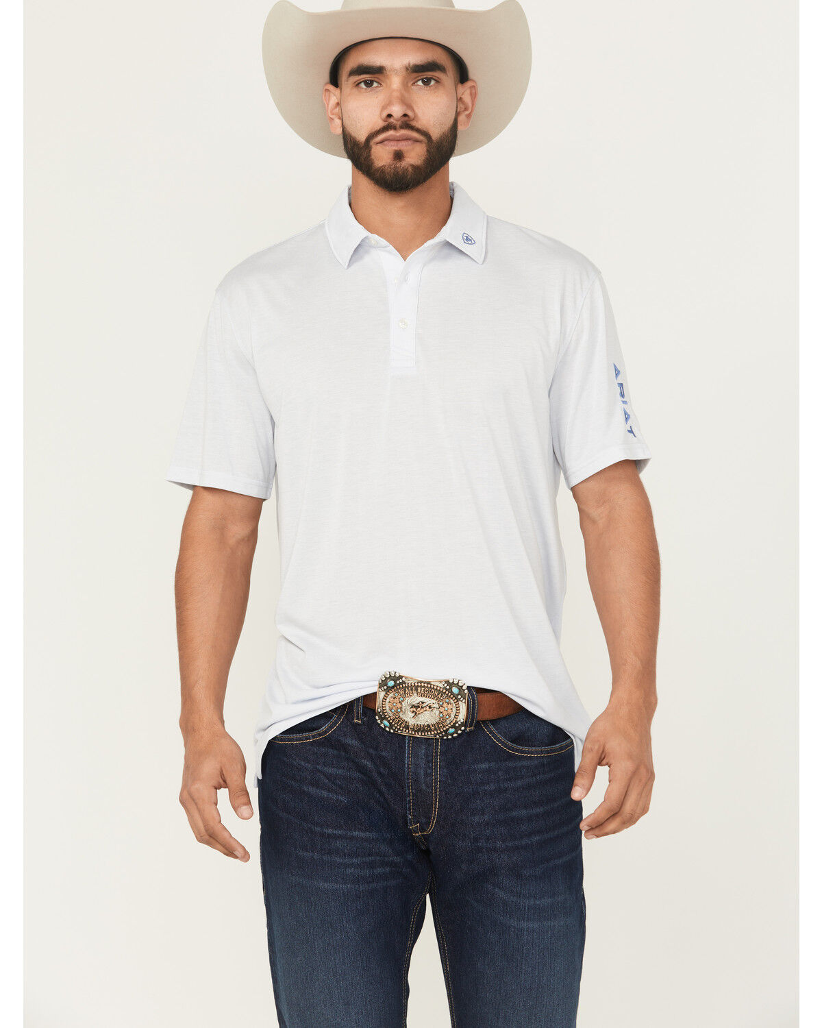 Image #1 - Ariat Men's Team Logo Short Sleeve Button-Down Polo Shirt, Light Blue, hi-res