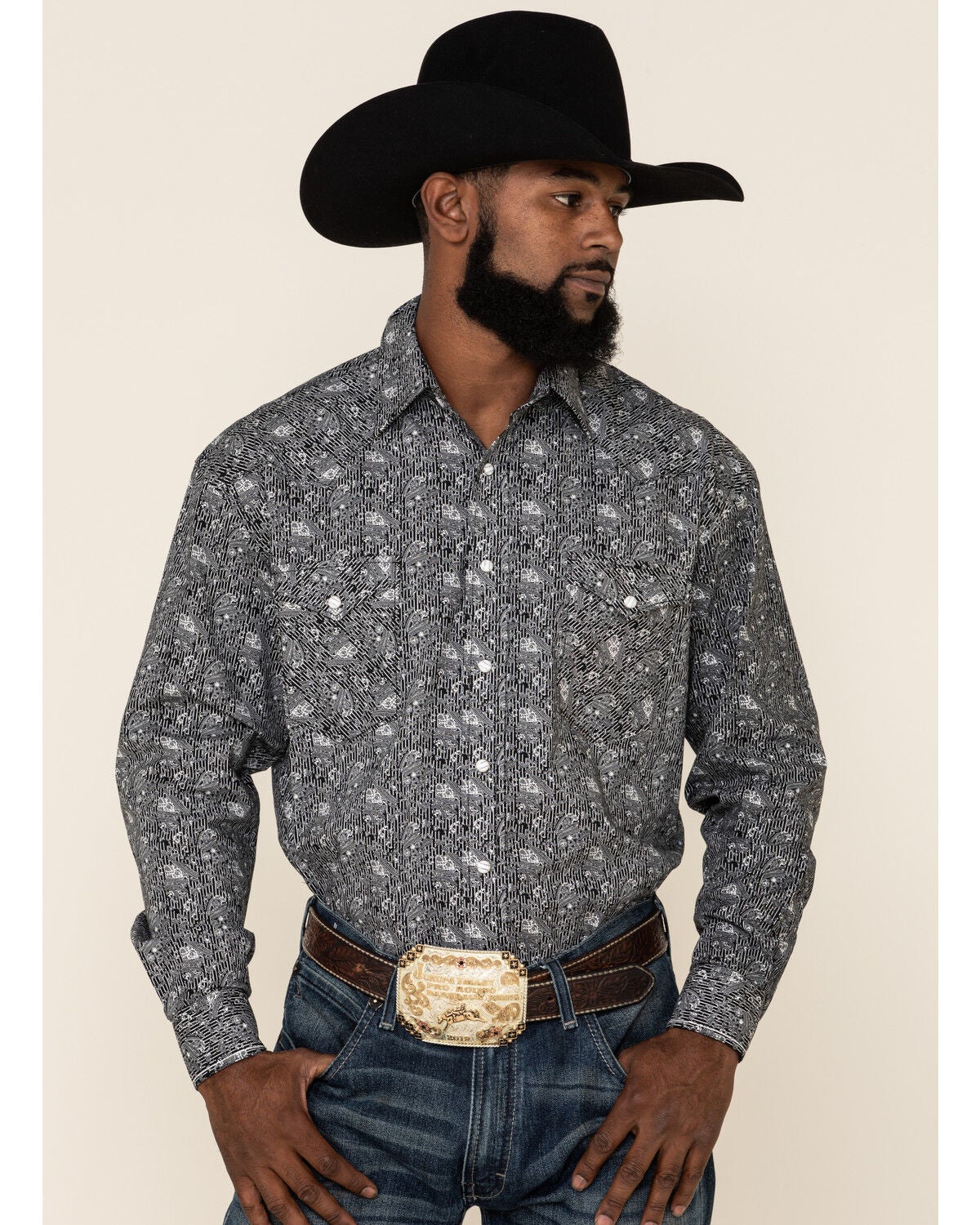Image #1 - Rough Stock By Panhandle Men's Atalaya Stretch Paisley Print Long Sleeve Western Shirt, Black, hi-res