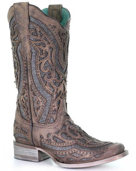 Image #1 - Corral Women's Brown Inlay & Flower Embroidery Western Boots - Square Toe, Brown, hi-res