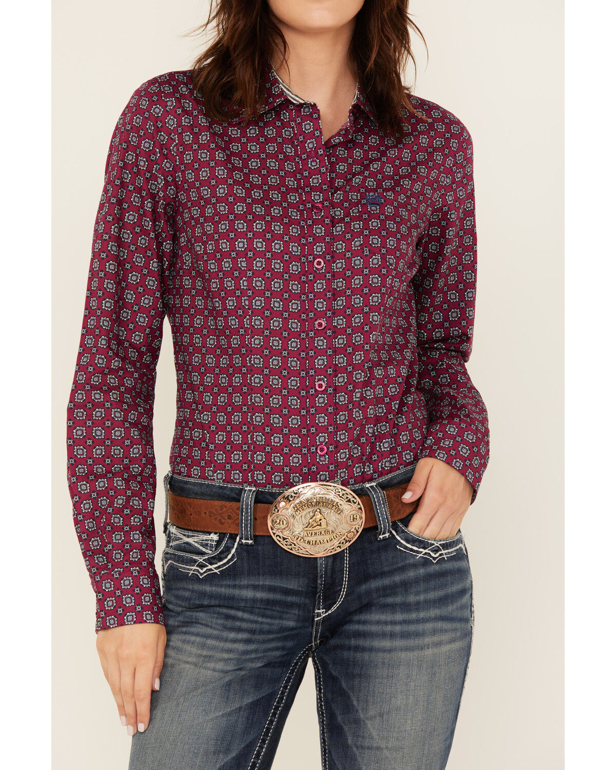 Image #3 - Cinch Women's Geo Print Long Sleeve Button-Down Western Shirt, Burgundy, hi-res