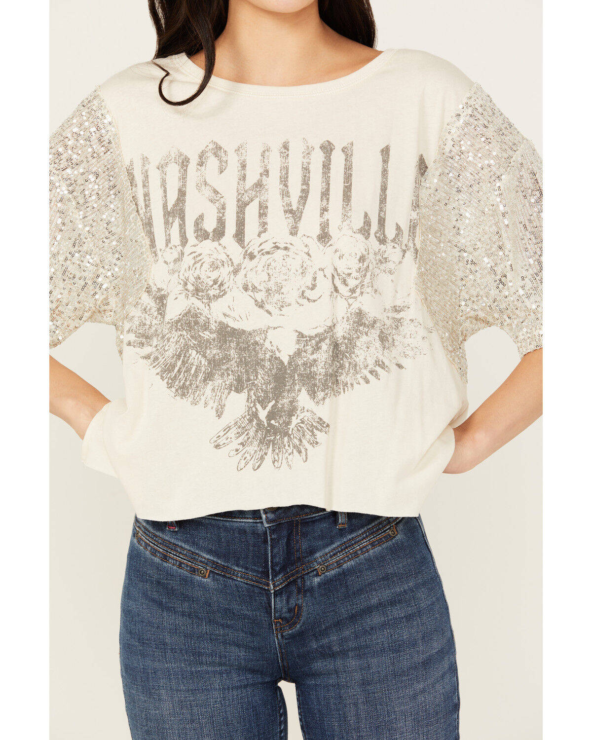 Image #3 - La La Land Women's Sequins Sleeve High Low Nashville Graphic Tee, , hi-res
