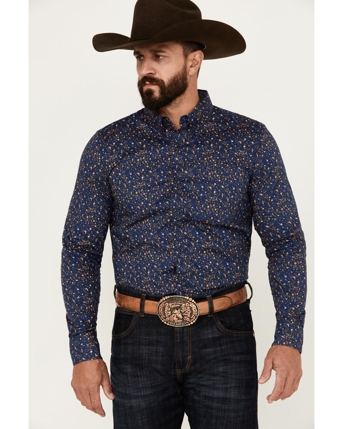 Image #1 - Cody James Men's Meadowlark Floral Print Long Sleeve Button-Down Stretch Western Shirt - Tall, Navy, hi-res