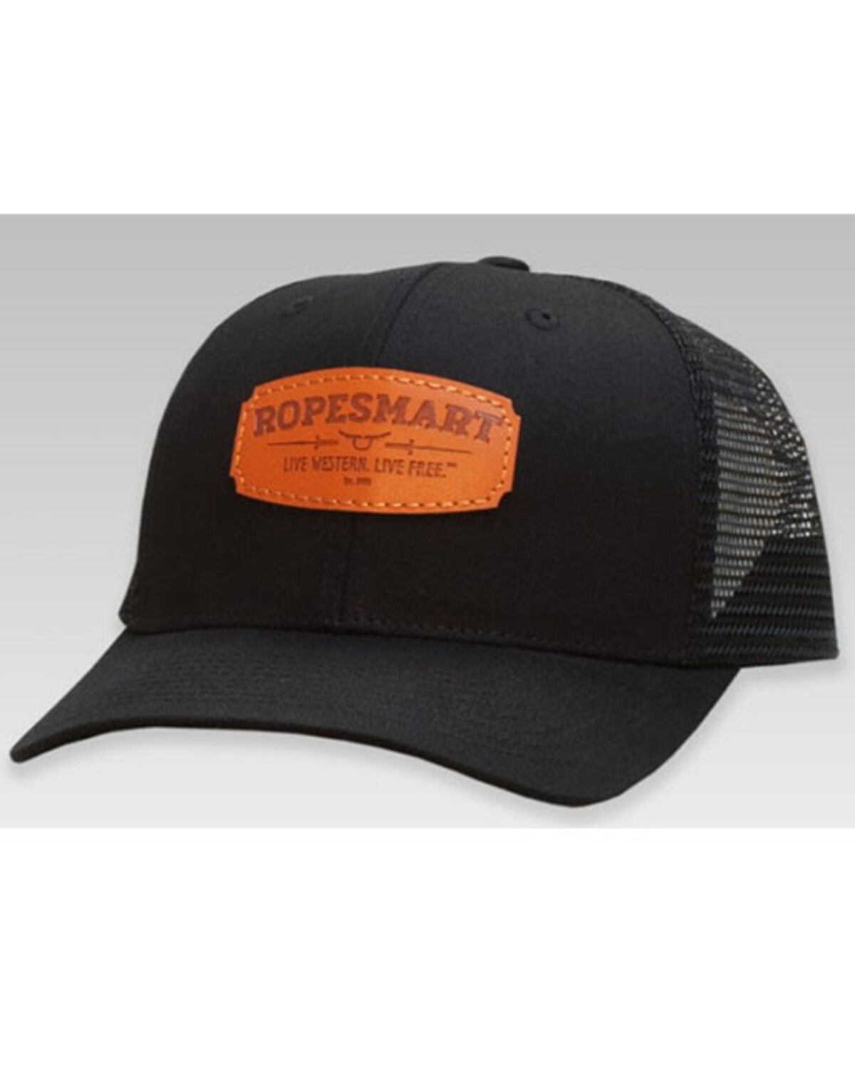 Image #1 - RopeSmart Men's Black Leather Logo Patch Mesh-Back Ball Cap, Black, hi-res
