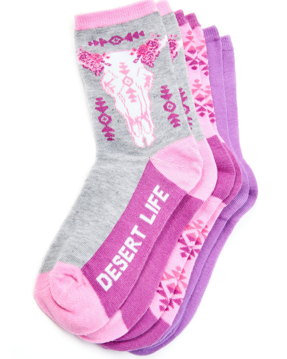Image #2 - Leg Apparel Kids' 3-Pack Pink & Purple Desert Life Southwestern Longhorn Crew Socks, Purple, hi-res