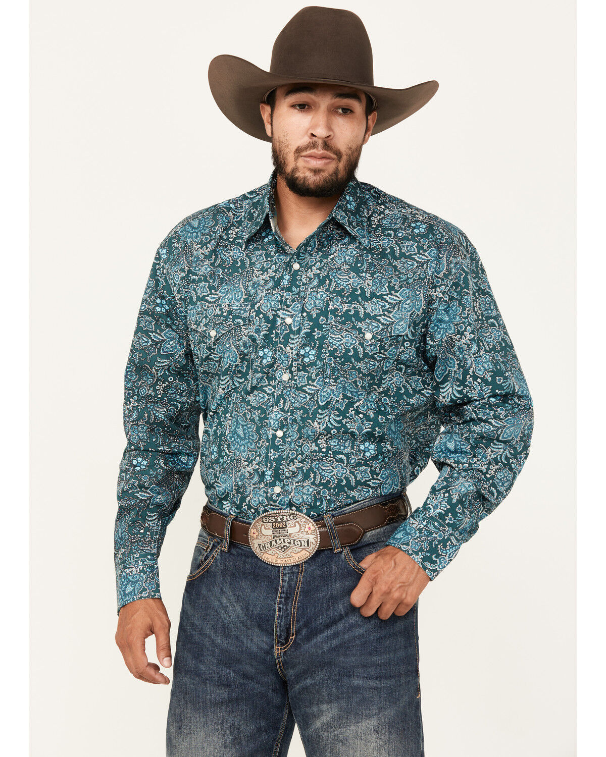 Image #1 - Stetson Men's Floral Print Long Sleeve Pearl Snap Western Shirt, Teal, hi-res