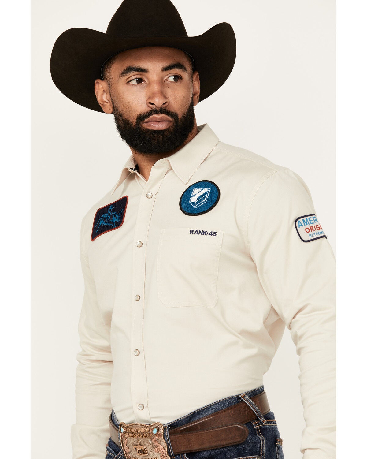 Image #2 - RANK 45&reg; Men's Patched Racer Logo Long Sleeve Snap Stretch Performance Western Shirt, Ivory, hi-res