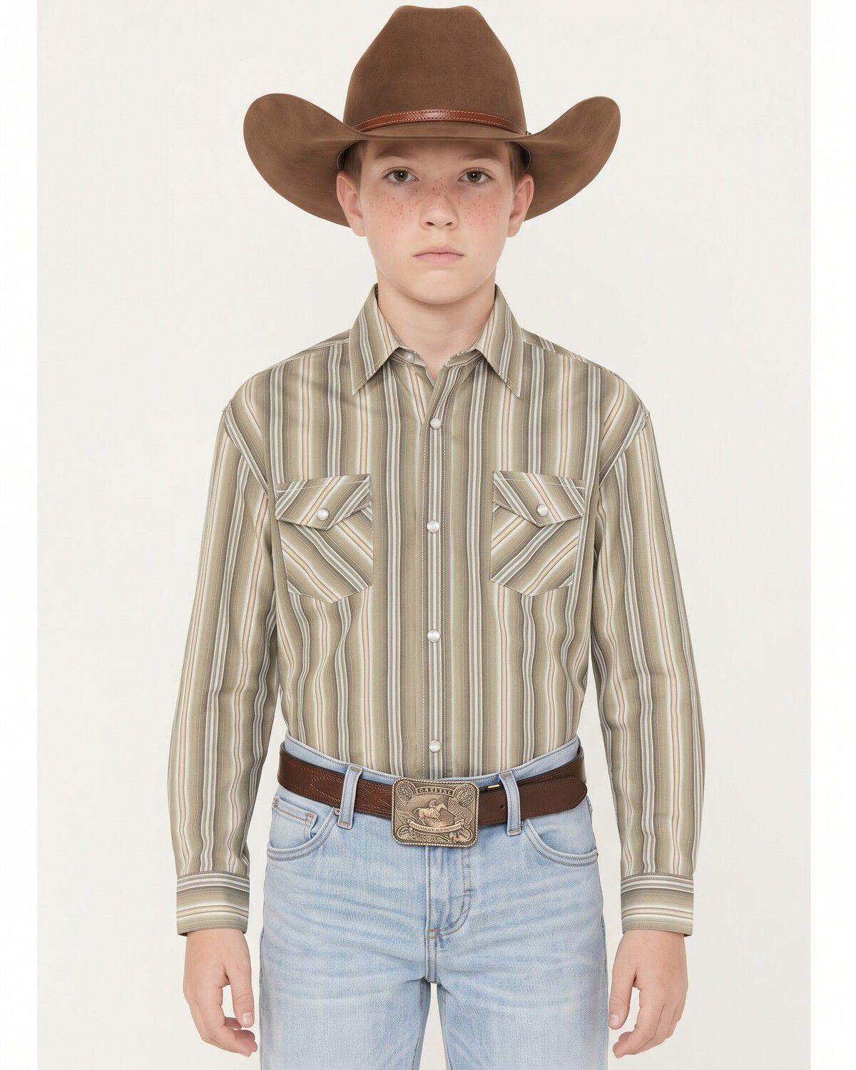 Image #1 - Panhandle Slim Boys' Striped Long Sleeve Pearl Snap Stretch Western Shirt, Olive, hi-res