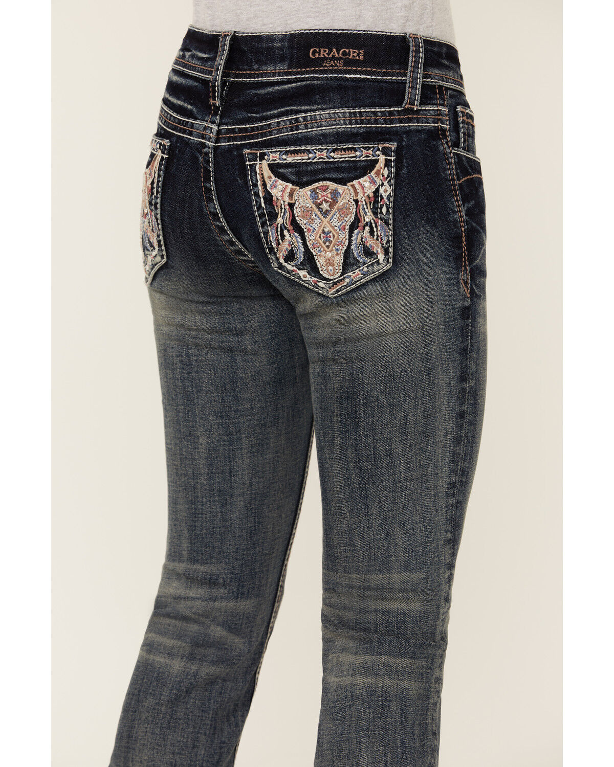 Image #2 - Grace in LA Girls' Dark Wash Steerhead Embroidered Pocket Bootcut Stretch Denim Jeans, Dark Wash, hi-res