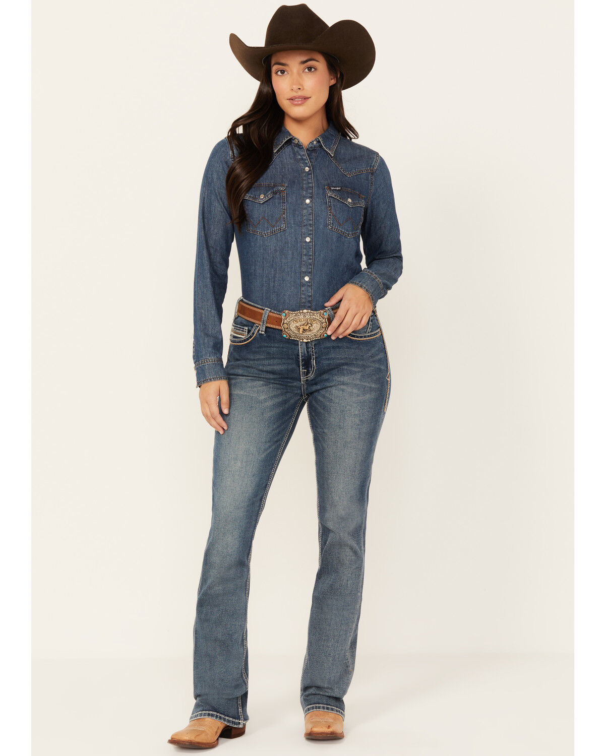 Image #1 - Rock & Roll Denim Women's Medium Wash Mid Rise Stretch Bootcut Jeans, Medium Wash, hi-res