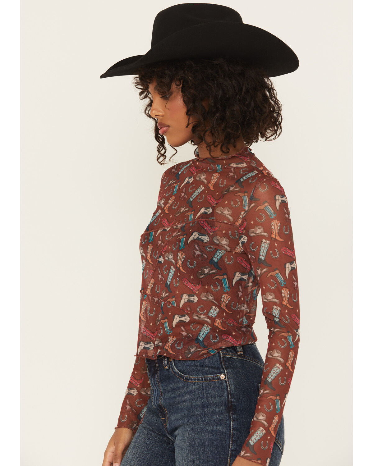 Image #2 - Rock & Roll Denim Women's Cowboy Boot Mesh Long Sleeve Shirt, Wine, hi-res