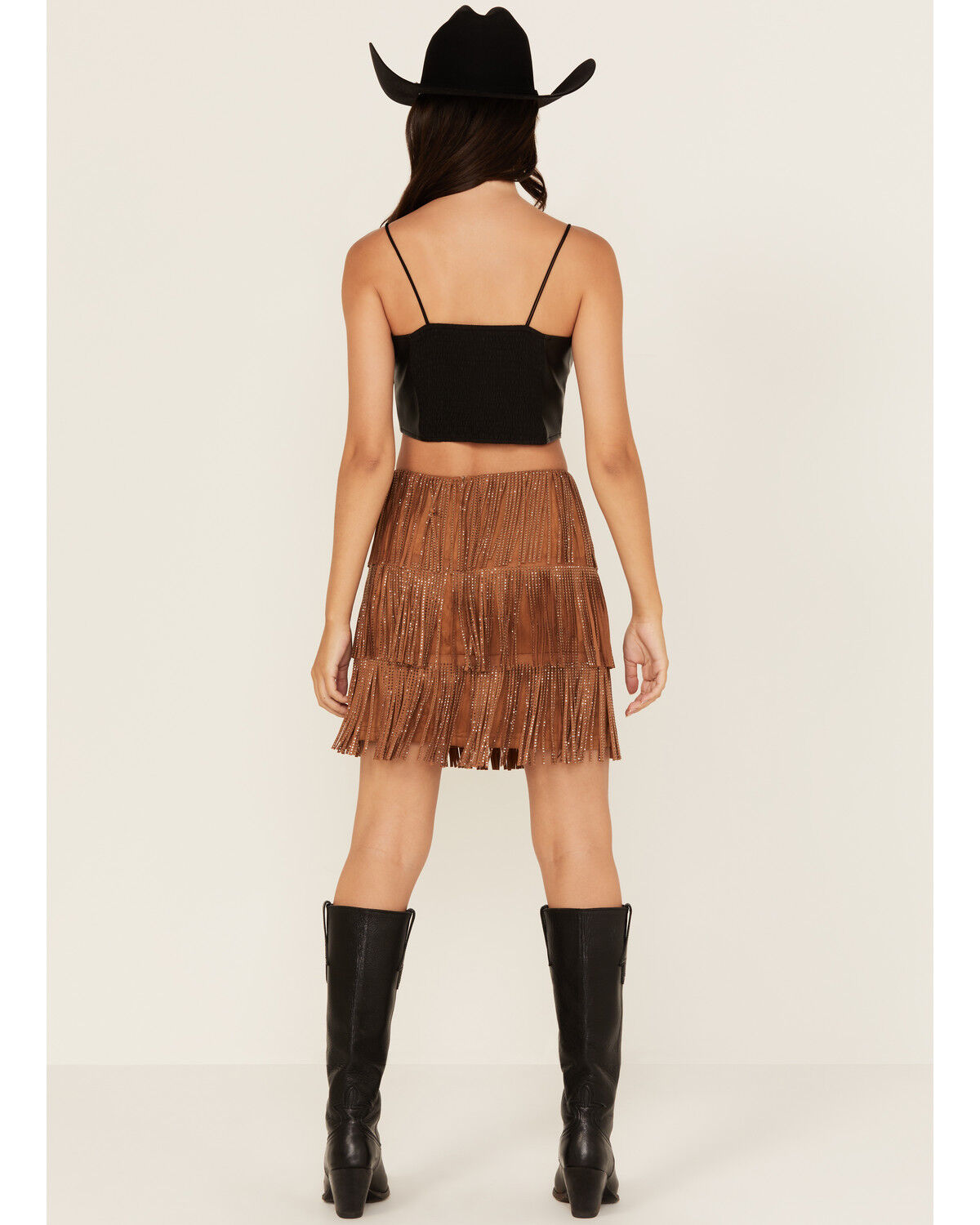 Image #3 - Fornia Women's Rhinestone Fringe Faux Suede Mini Skirt, Camel, hi-res