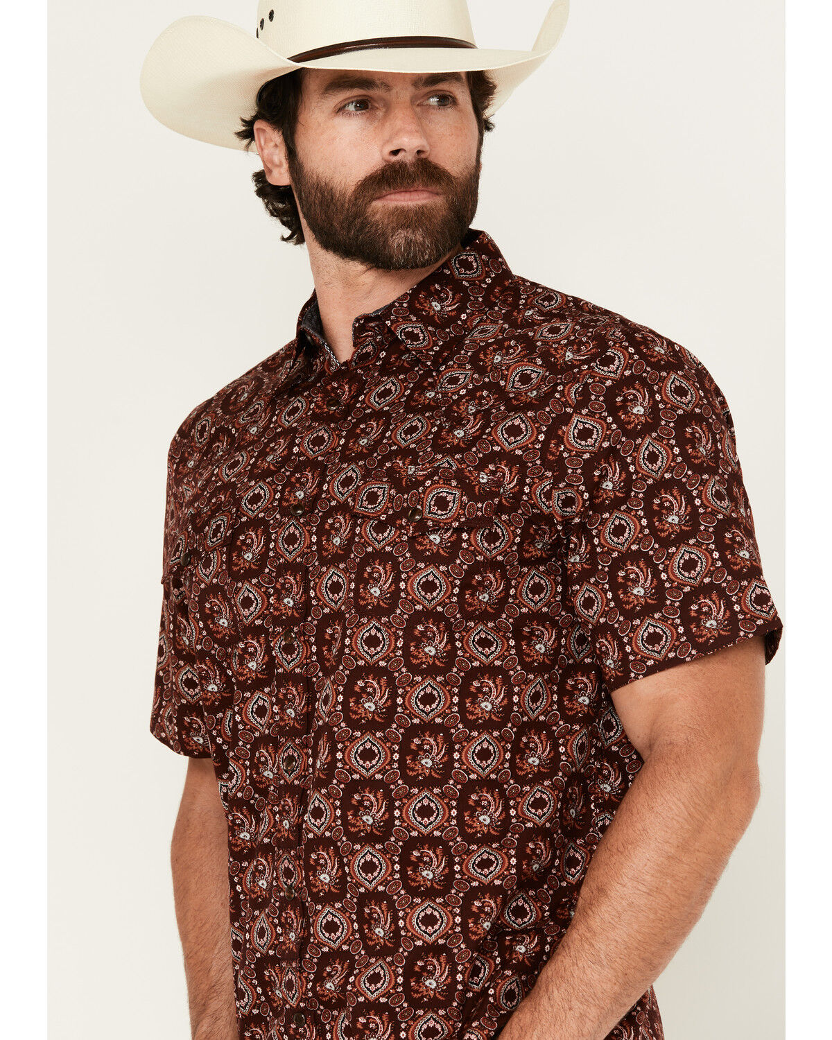 Image #2 - Moonshine Spirit Men's Gig Medallion Print Short Sleeve Snap Western Shirt, Burgundy, hi-res