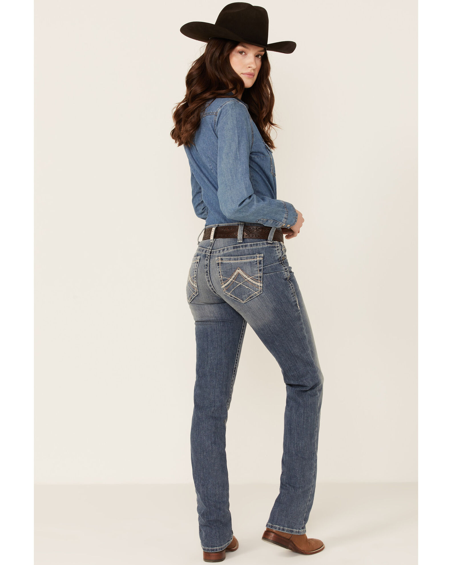 Image #1 - Ariat Women's R.E.A.L. Mid Rise Icon Stackable Straight Stretch Denim Riding Jeans, Indigo, hi-res