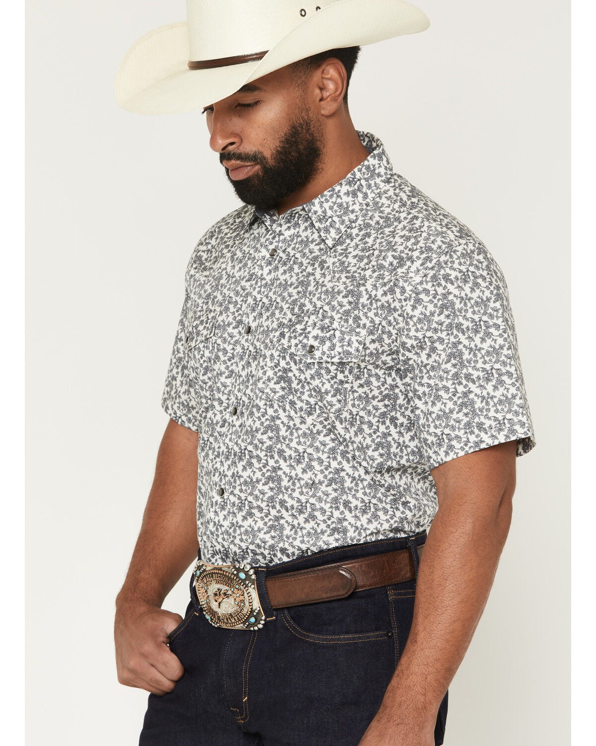 Image #2 - Cody James Men's Flynn Floral Print Short Sleeve Snap Western Shirt, White, hi-res