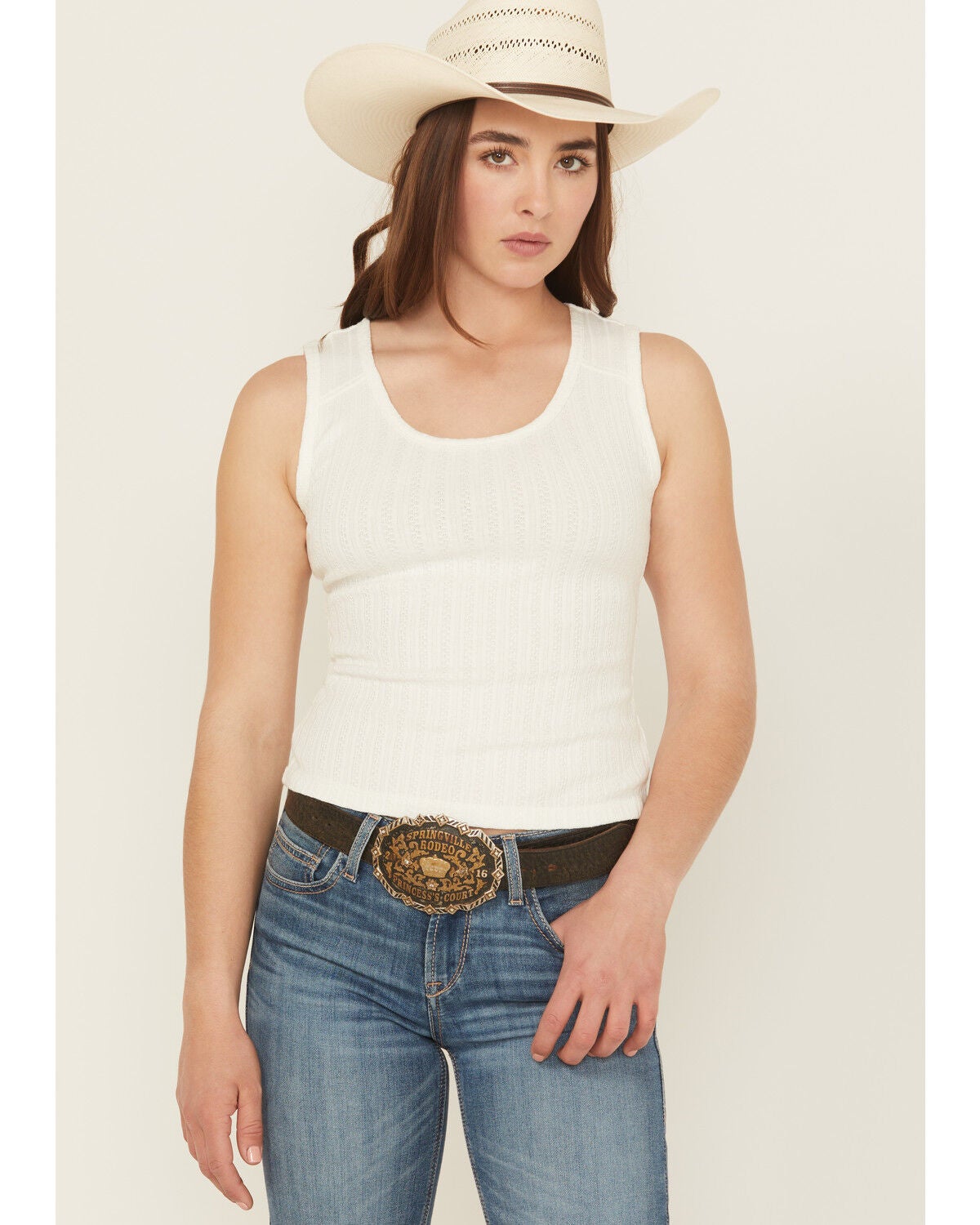 Shyanne Women's Pointelle Rib Knit Tank Top, White, hi-res