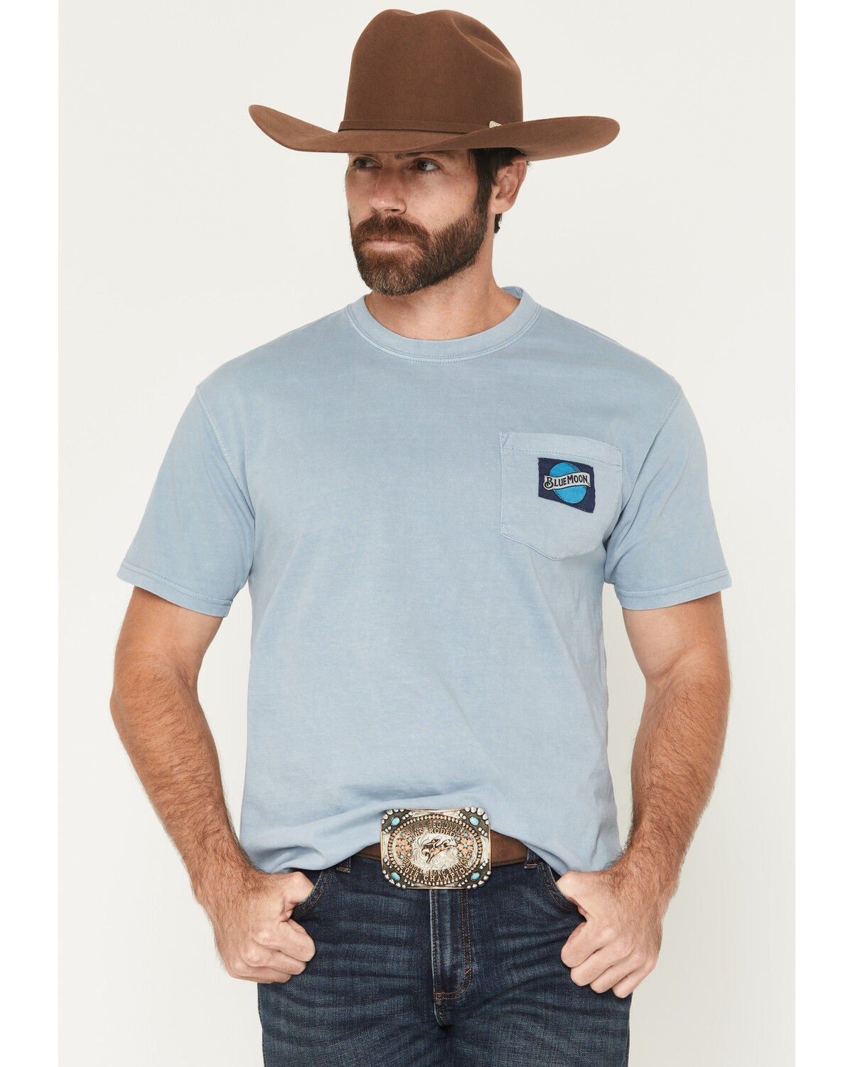 Image #1 - Blue Moon Men's Pocket Patch Short Sleeve Graphic T-Shirt, Light Blue, hi-res