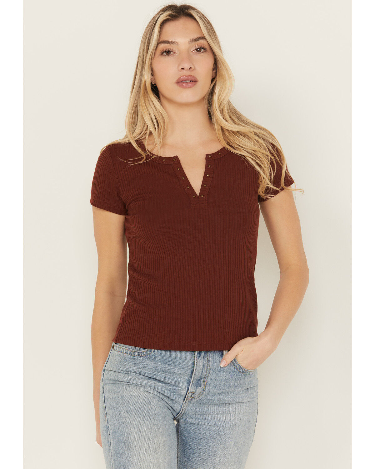 Image #1 - Shyanne Women's Studded Rib Knit V-Neck Top, Mahogany, hi-res