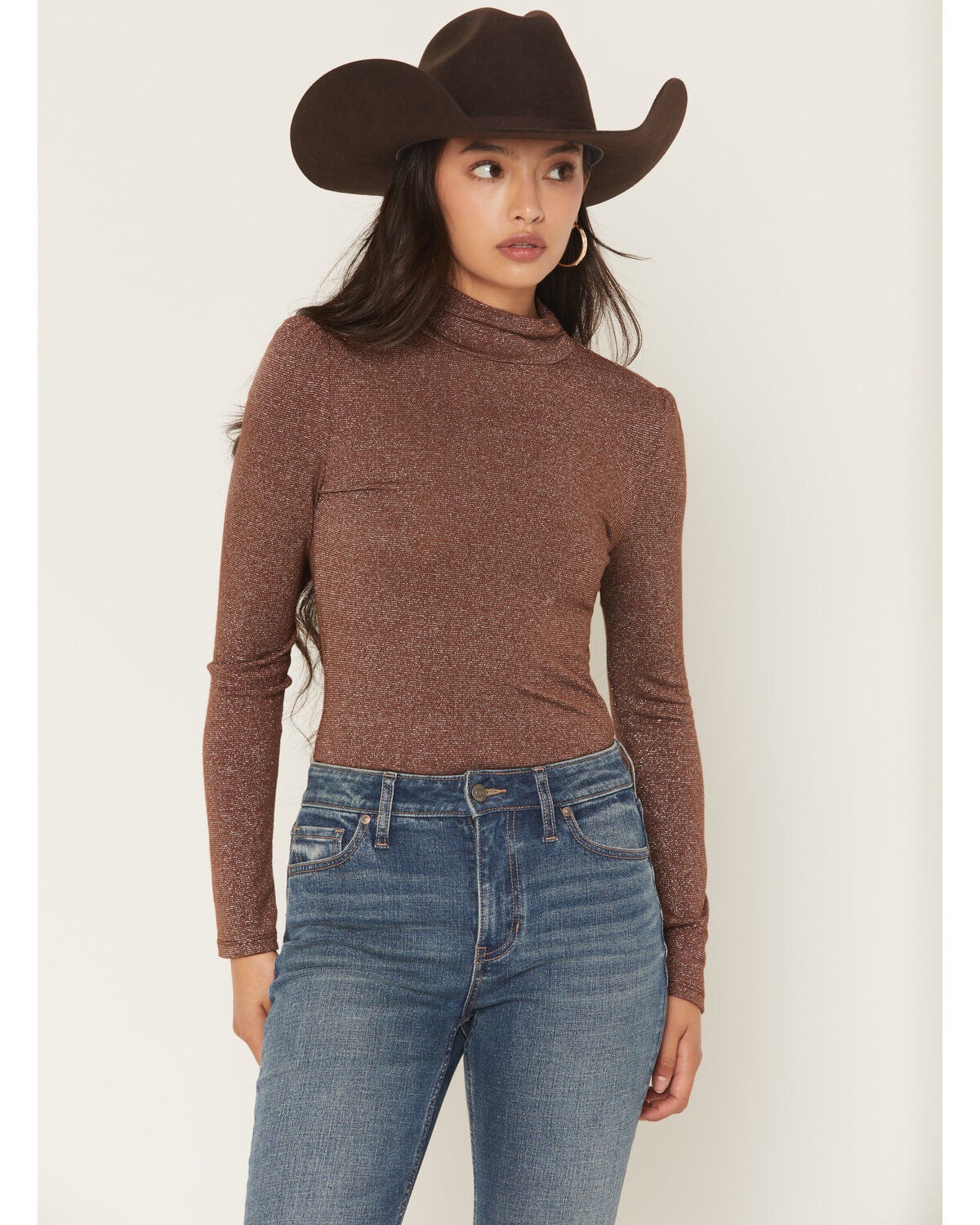 Image #1 - Rock & Roll Denim Women's Sparkle Long Sleeve Shirt, Brown, hi-res