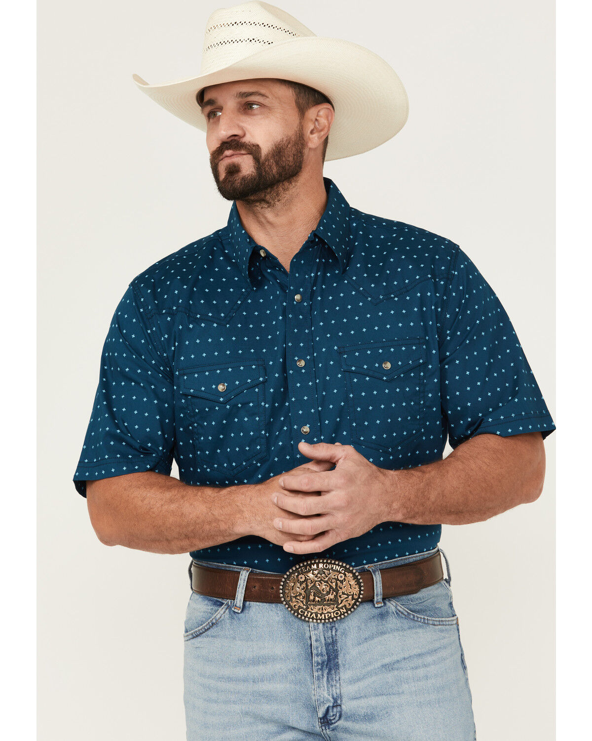 Image #1 - Wrangler 20X Men's Geo Print Short Sleeve Snap Western Shirt - Tall, Navy, hi-res