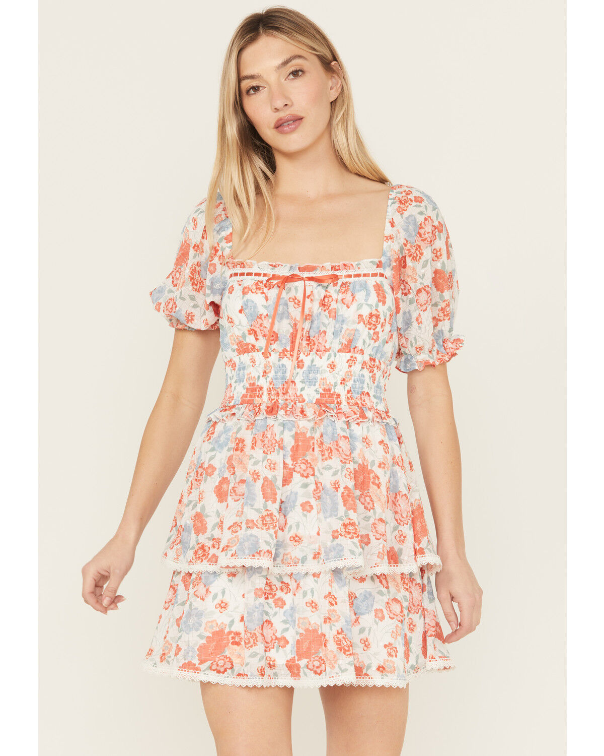 Image #1 - Ash & Violet Women's Floral Print Short Sleeve Lace Trim Mini Dress, Multi, hi-res