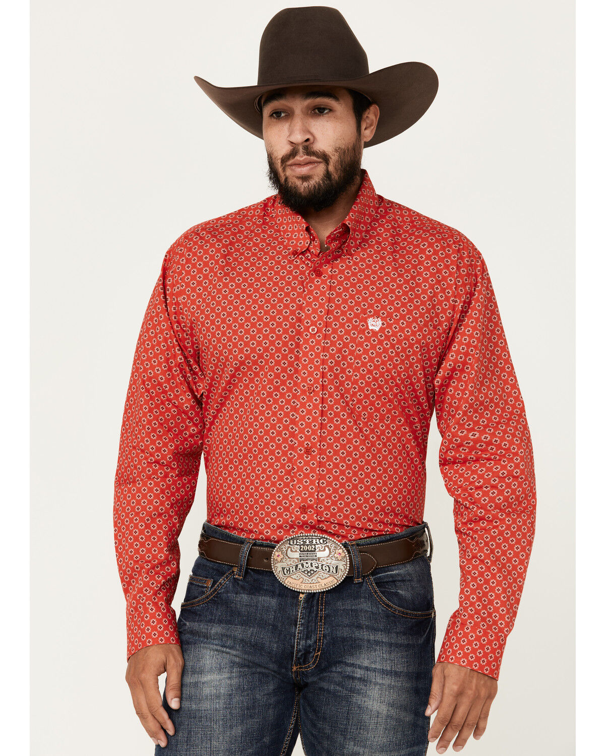 Image #1 - Cinch Men's Geo Print Long Sleeve Button-Down Western Shirt, Red, hi-res