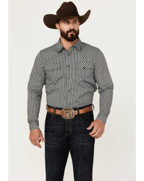 Gibson Trading Co Men's Cube Plaid Print Long Sleeve Snap Western Shirt, Black, hi-res