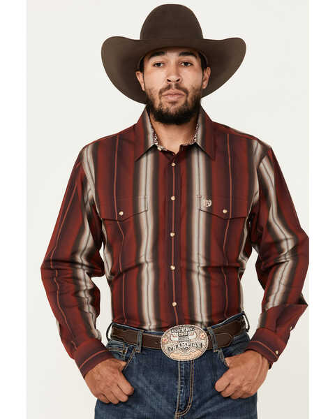 Panhandle Men's Select Serape Striped Print Long Sleeve Snap Western Shirt, Dark Red, hi-res