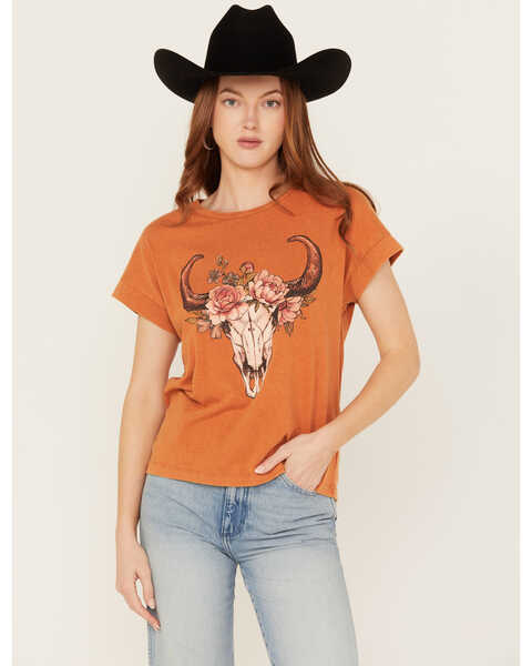 White Crow Women's Floral Steer Head Graphic Tee, Rust Copper, hi-res