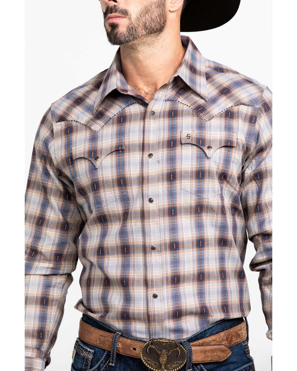 Image #4 - Stetson Men's Dobby Med Plaid Long Sleeve Western Shirt, Brown, hi-res