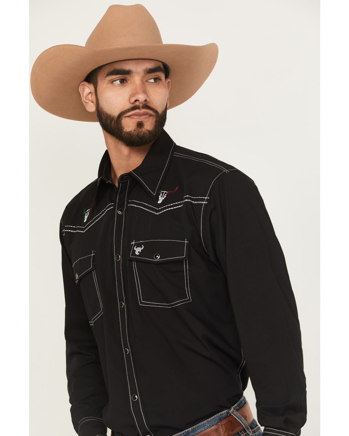 Image #1 - Cowboy Hardware Men's Boot Barn Exclusive Hecho En Mexico Long Sleeve Snap Stretch Western Shirt, Black, hi-res