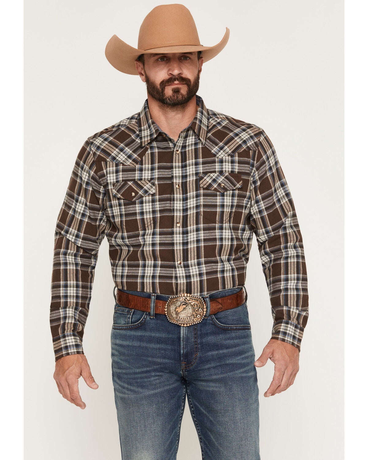 Image #1 - Cody James Men's Mud Pit Plaid Print Long Sleeve Snap Flannel Shirt, Brown, hi-res