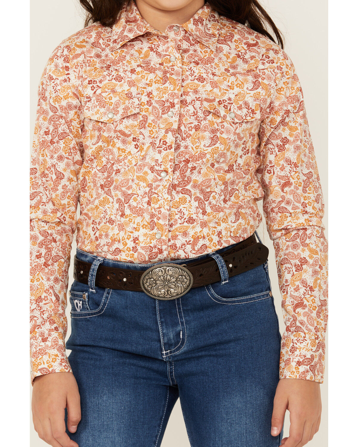 Image #3 - Shyanne Girls' Ash Floral Print Long Sleeve Pearl Snap Stretch Western Shirt, Gold, hi-res