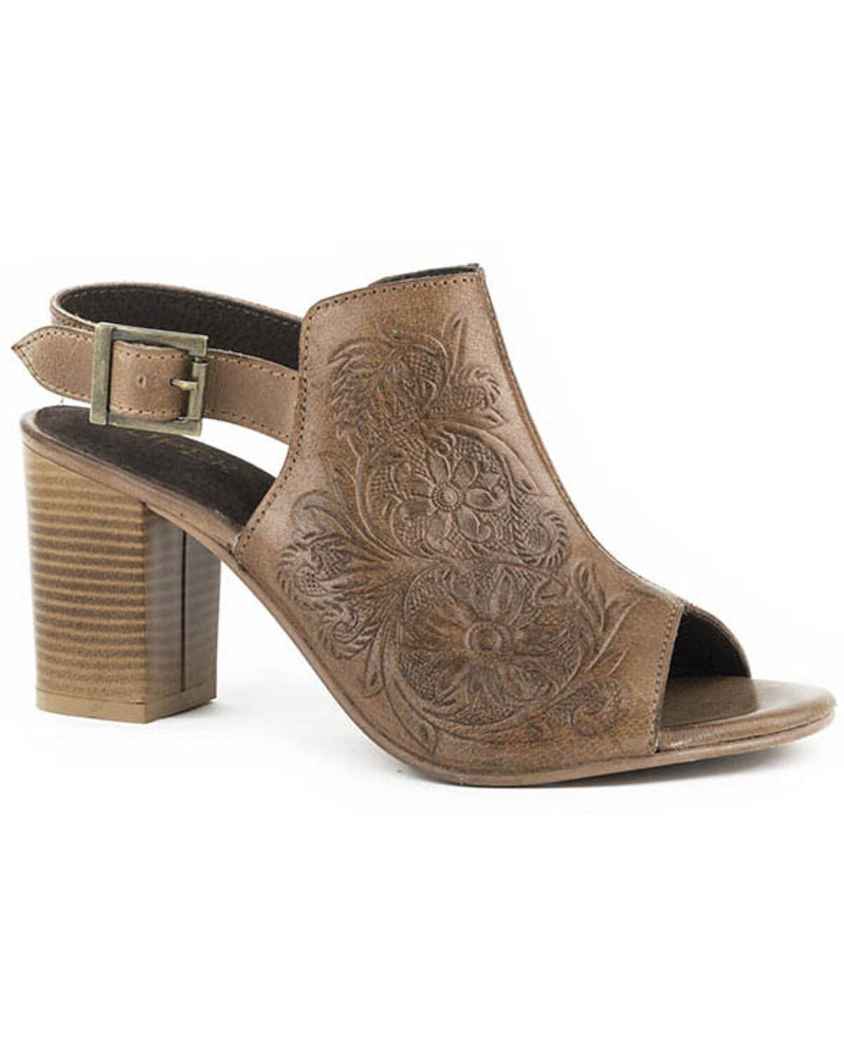 Image #1 - Roper Women's Beige Floral Tooled Leather Sandals, Tan, hi-res