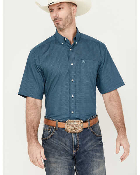 Ariat Men's Wrinkle Free Eli Print Button Down Short Sleeve Western Shirt, Teal, hi-res