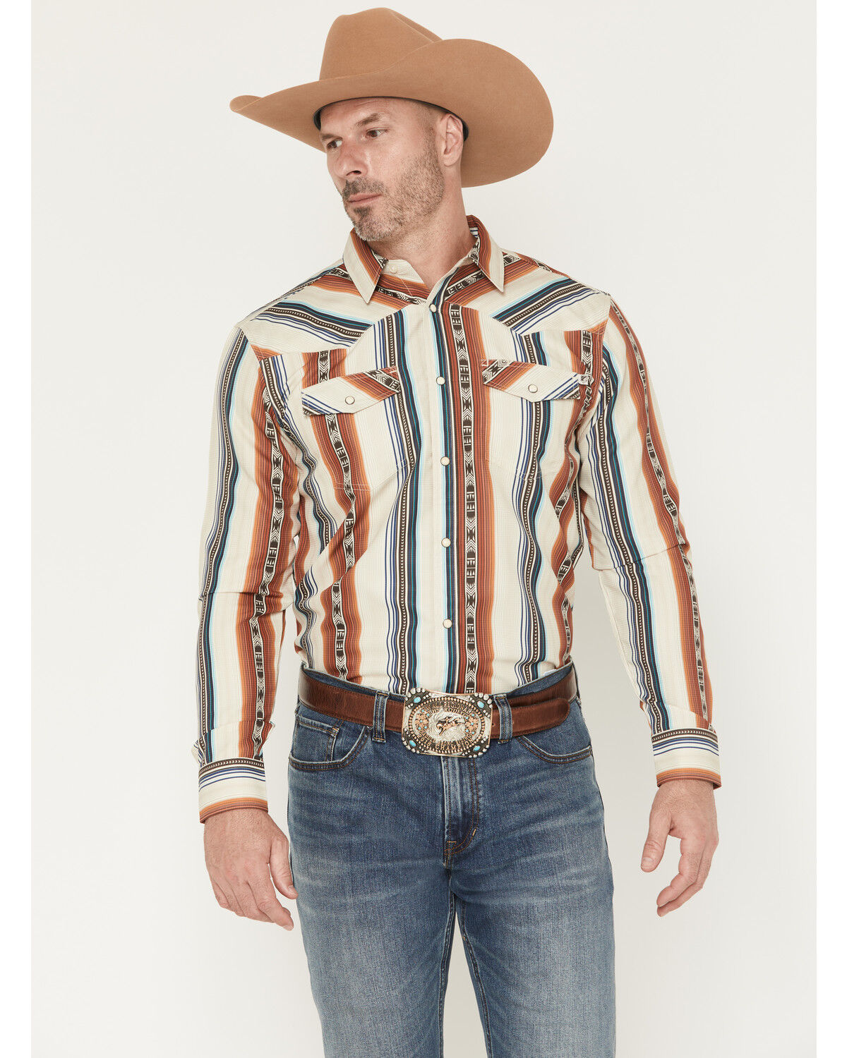 Image #1 - RANK 45® Men's Range Rider Striped Long Sleeve Snap Performance Western Shirt, Ivory, hi-res