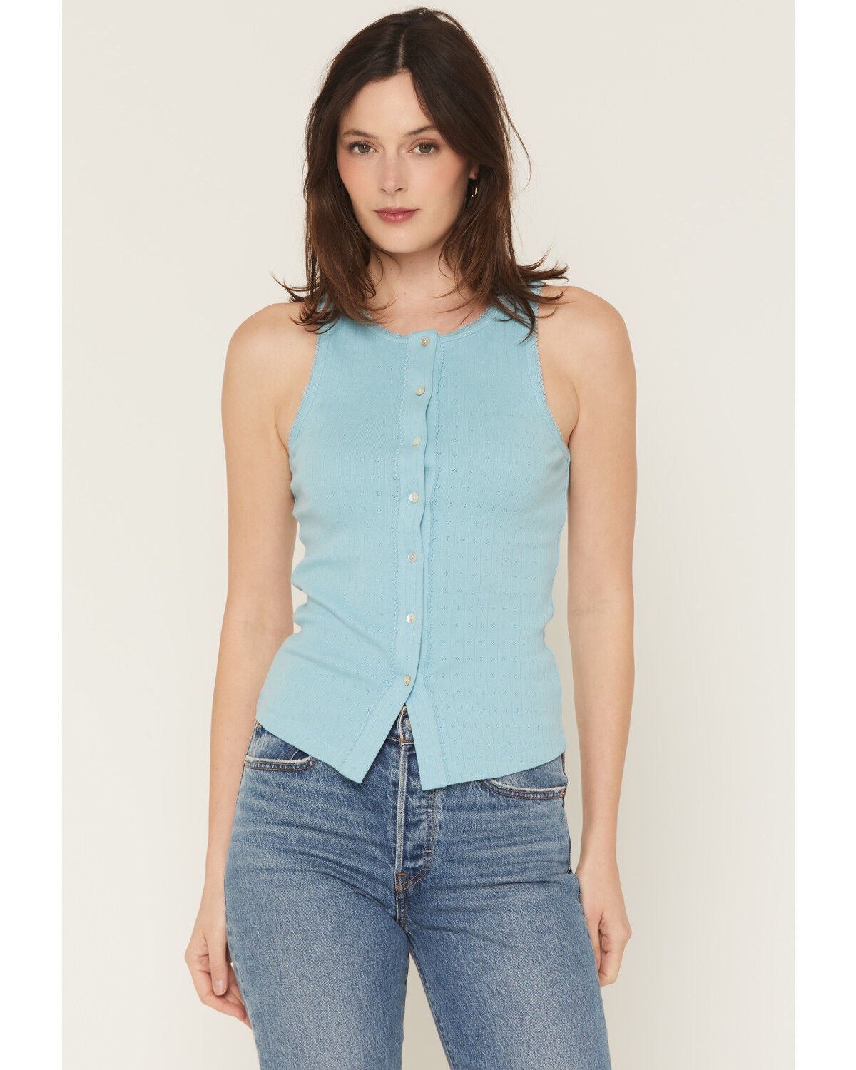 Blue Life Women's Evie Button-Up Pointelle Tank, Blue, hi-res