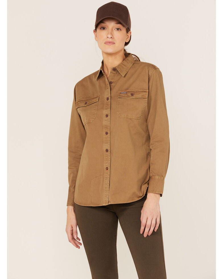 Ariat Women's Rebar Washed Twill Long Sleeve Button-Down Work Shirt, Beige/khaki, hi-res