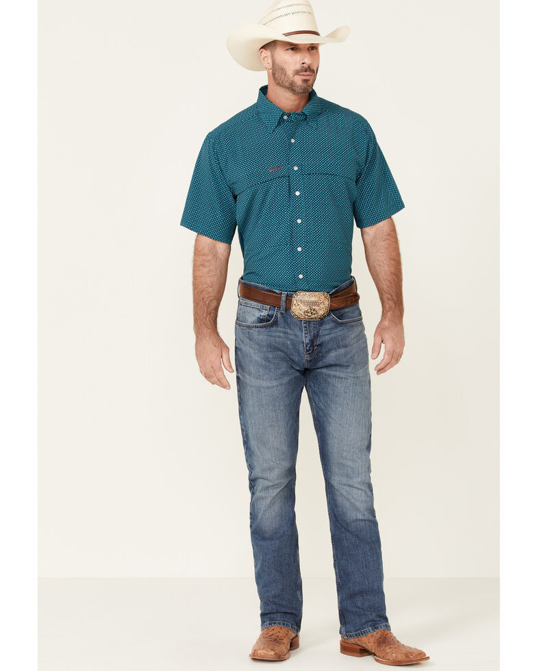 Panhandle Men's Turquoise Performance Geo Print Short Sleeve Button-Down Western Shirt , Turquoise, hi-res