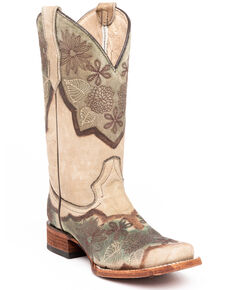 Circle G Women's Sand Brown Floral Embroidered Western Boots - Square Toe, Sand, hi-res