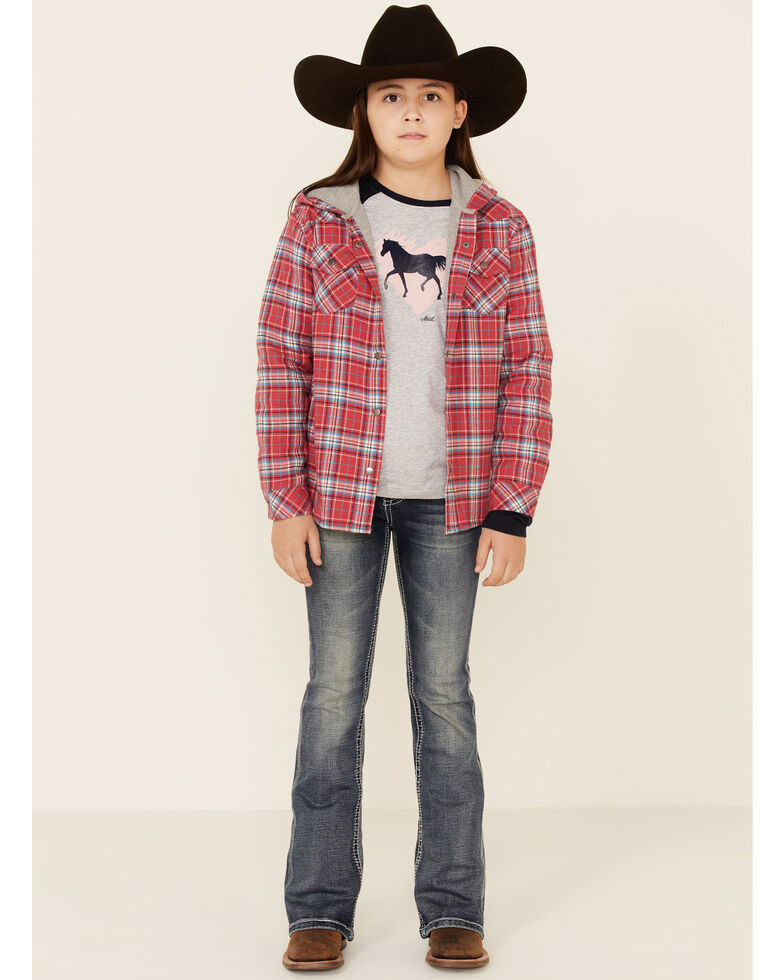 Roper Girls' Red Plaid Flannel Snap Hooded Shirt Jacket , Red, hi-res