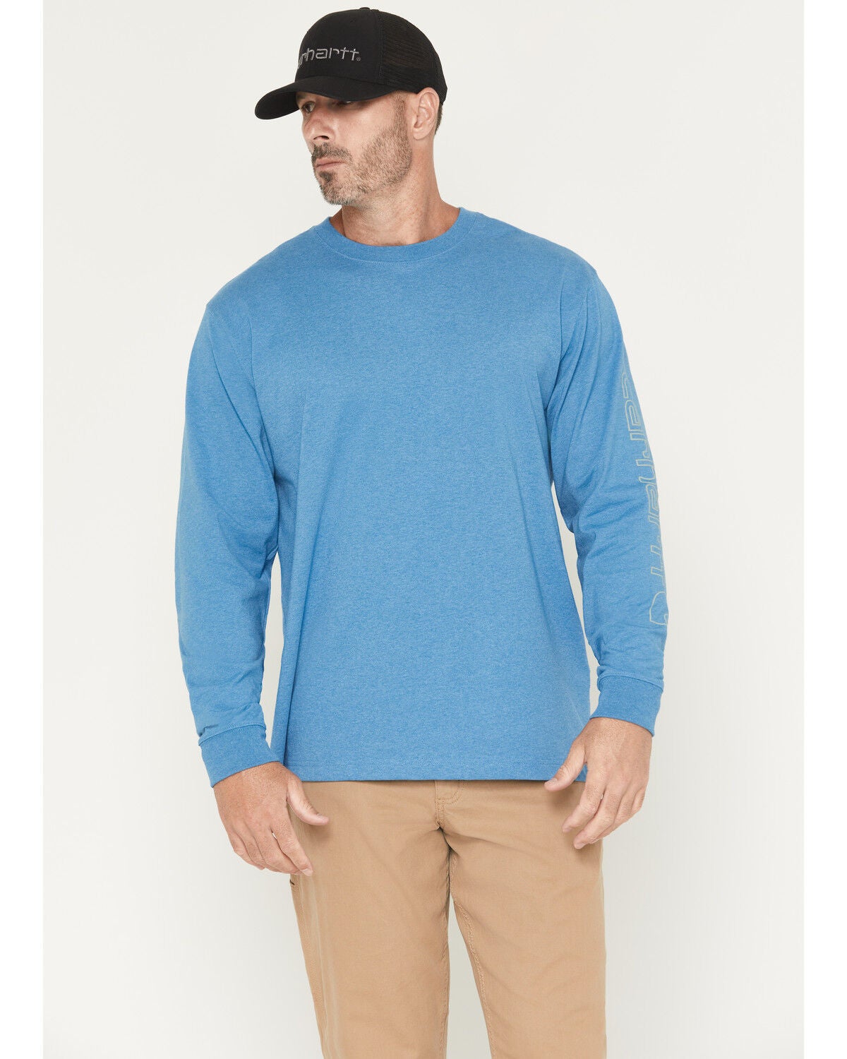 Image #1 - Carhartt Men's Loose Fit Heavyweight Long Sleeve Logo Graphic Work T-Shirt, Blue, hi-res