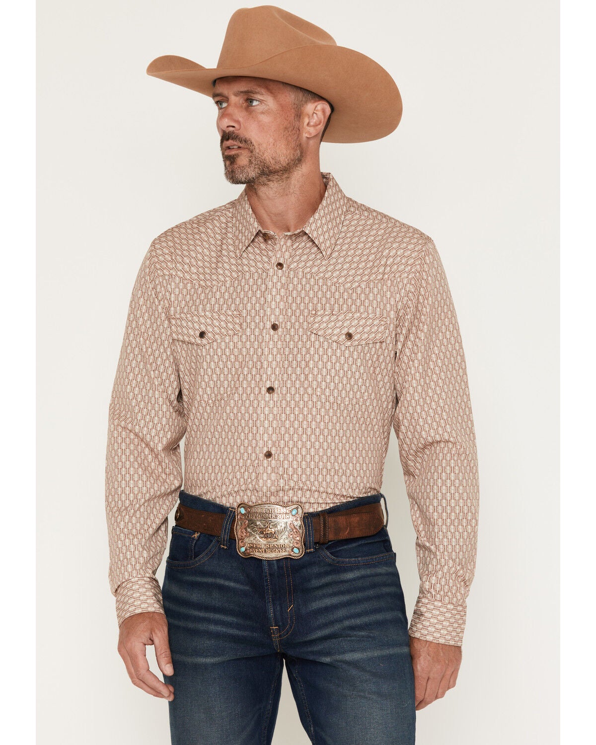 RANK 45&reg; Men's Wash Board Geo Print Long Sleeve Snap Stretch Western Shirt, Beige, hi-res